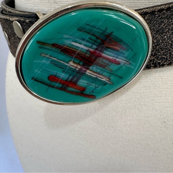 VERA PELLE Made in Italy Women’s Black Textured Leather Belt Statement Buckle L - Picture 7 of 7